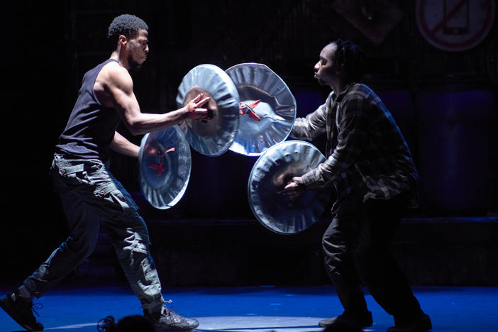 A scene from the New York production of <em>STOMP</em> featuring Desmond Howard and Emmanuel "Manny" Scott at the Orpheum Theatre.