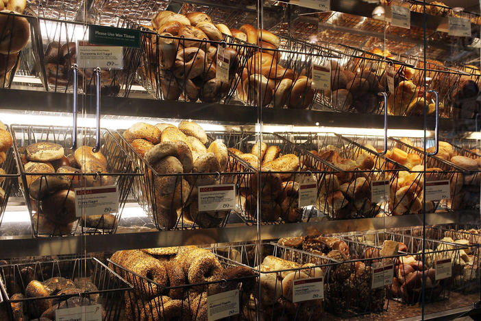 Bagels are displayed for sale at a Manhattan grocery store on Aug. 6, 2010, in New York City.