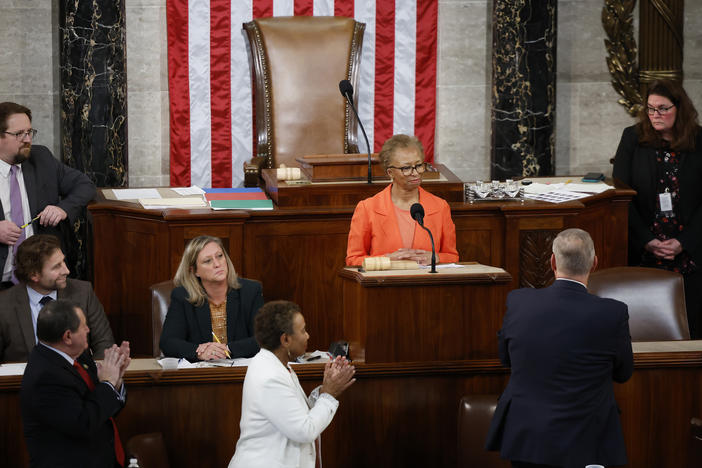 House Clerk Cheryl Johnson receives a standing ovation in the House chamber on Thursday, the third day of speaker elections.