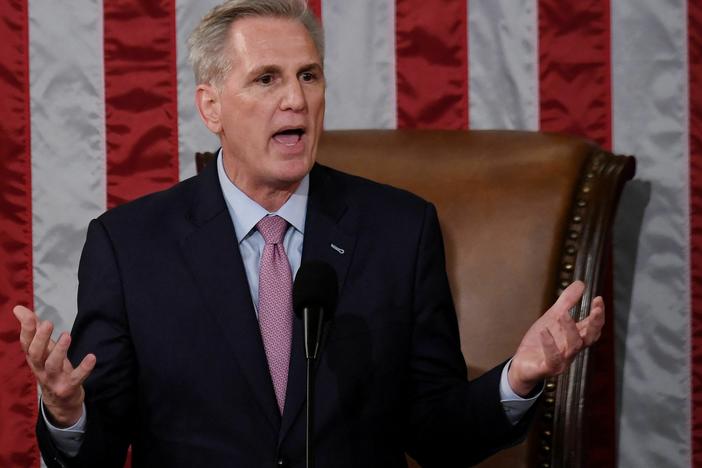 Newly elected House Speaker Kevin McCarthy delivers a speech after he was elected on the 15th ballot on Jan. 7.