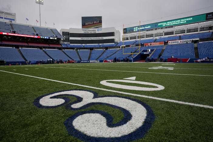 The 30-yard line at Highmark Stadium in Buffalo bears a stylized number 3 in support of Buffalo Bills safety Damar Hamlin, who remains hospitalized after suffering a cardiac arrest and collapsing during a game Monday night.