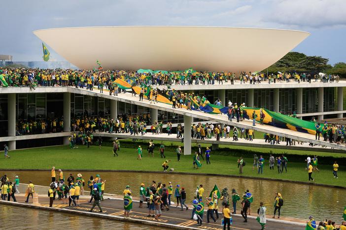 Supporters of Brazilian former President Jair Bolsonaro invade the National Congress in Brasilia on Sunday.