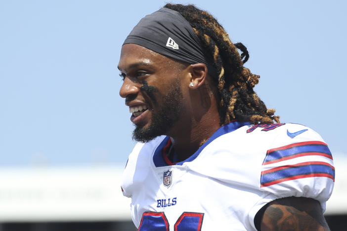Buffalo Bills safety Damar Hamlin has been released from the hospital and has returned to Buffalo, doctors say. Here, Hamlin is shown prior to the start of the first half of a preseason NFL football game, Saturday, Aug. 28, 2021, in Orchard Park, N.Y.