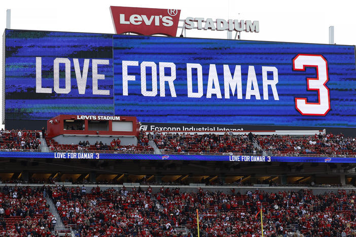 A video board at Levi's Stadium shows a message for Damar Hamlin during an NFL football game between the San Francisco 49ers and the Arizona Cardinals in Santa Clara, Calif., Sunday, Jan. 8, 2023.
