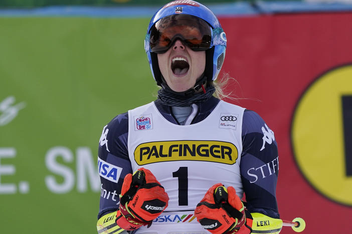 U.S. skier Mikaela Shiffrin celebrates winning an alpine ski, women's World Cup giant slalom race, in Kranjska Gora, Slovenia, Sunday.