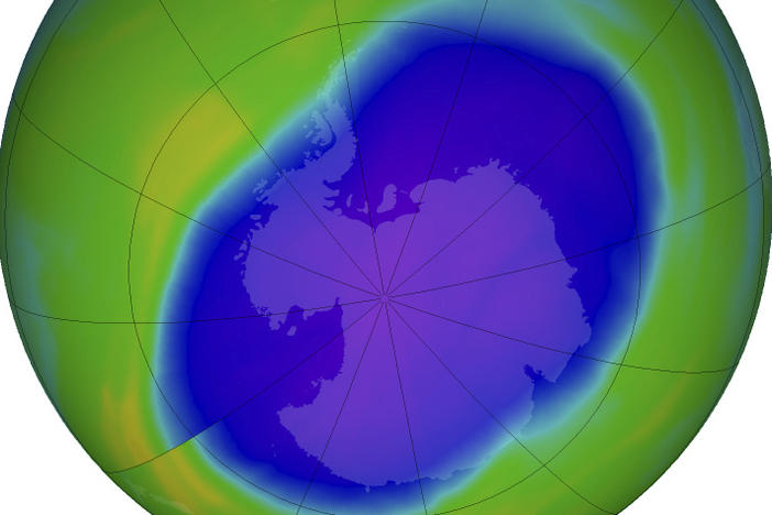 In this false-color image, the blue and purple show the hole in Earth's protective ozone layer over Antarctica on Oct. 5. Earth's ozone layer is slowly but noticeably healing.
