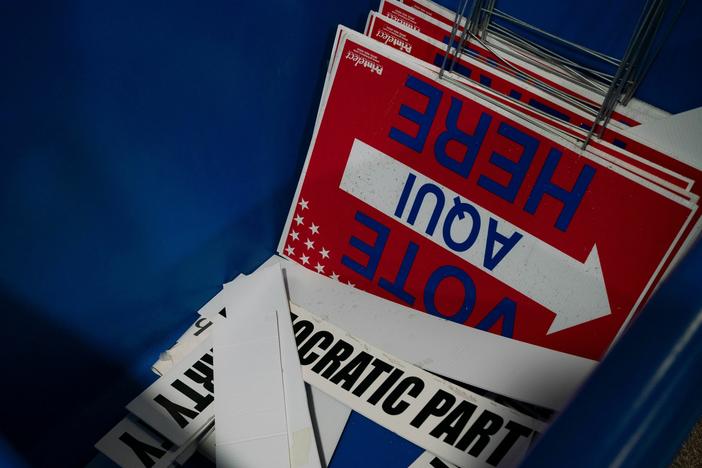 Signs used for polling stations are seen in a bin at the El Paso County Courthouse during the presidential primary Texas on Super Tuesday, March 3, 2020.