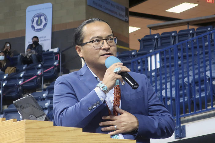 Navajo Nation President Buu Nygren addresses the crowd at the inauguration on Tuesday, Jan. 10, 2023. Nygren was sworn in as president and is the youngest person to serve in that position. His vice president, Richelle Montoya, is the first woman in that job.