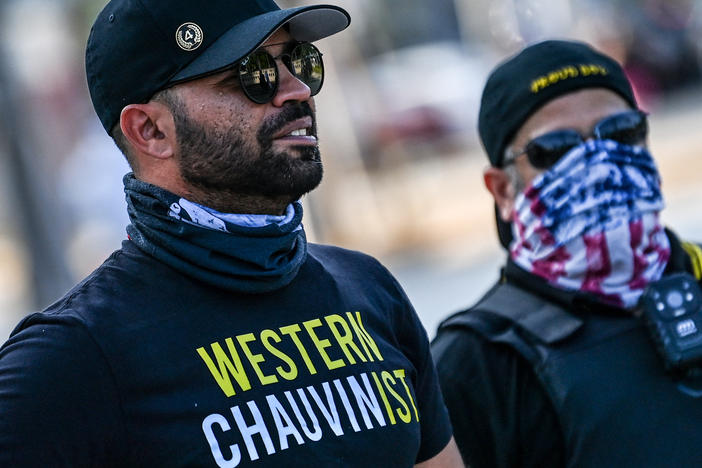 Proud Boys leader Enrique Tarrio, seen in May 2021, is on trial in Washington, accused of crimes related to the Jan. 6 storming of the Capitol.