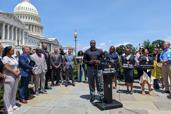 Orrin Jackson, center, is one of the nonprofit Dream.org's network of formerly incarcerated people who lobbied Congress to pass the Eliminating a Quantifiably Unjust Application of the Law<strong> </strong>(EQUAL) Act. Shown here are lawmakers and bill advocates from Dream.org and Families Against Mandatory Minimums (FAMM).