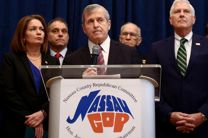 Nassau County Republican Party Chairman Joseph Cairo and members of the Nassau County Republican Committee hold a news conference Jan. 11 in Westbury, N.Y., to call for the resignation of U.S. Rep. George Santos.