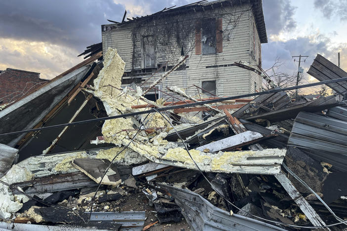 A damaged structure and debris are seen in the aftermath of Thursday's severe weather in Selma, Ala.