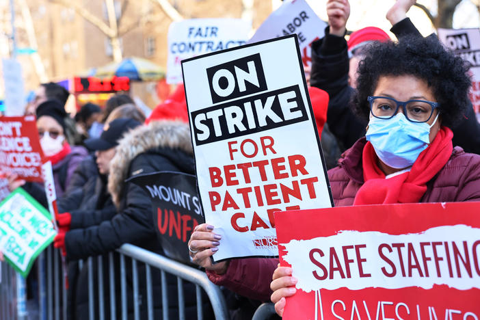 Nurses from Mount Sinai Hospital strike outside the hospital on Monday in the Upper East Side neighborhood of New York City.