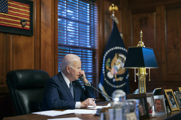 President Biden pictured at his home office in his private residence in Wilmington, Del., in 2021. This week, the Department of Justice announced that improperly stored classified documents had been discovered at the president's Wilmington home.