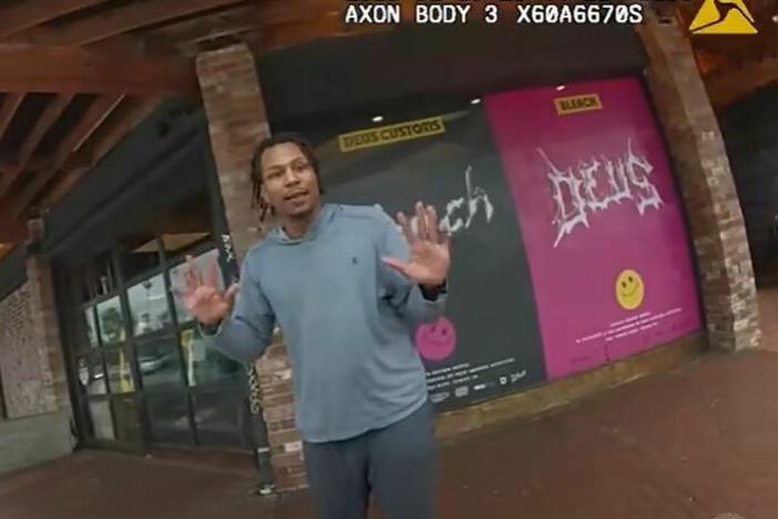 Keenan Anderson backs away from an officer in this screenshot taken from body camera footage released by the Los Angeles Police Department this week.