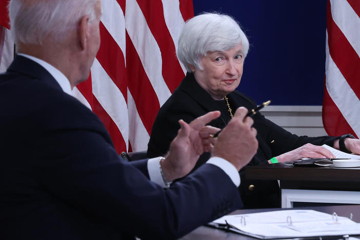 Treasury Secretary Janet Yellen listens to President Biden during an October 2021 meeting with Cabinet members and corporate chief executives to discuss the looming federal debt limit. Two years later, the debt limit is once again an economic threat.
