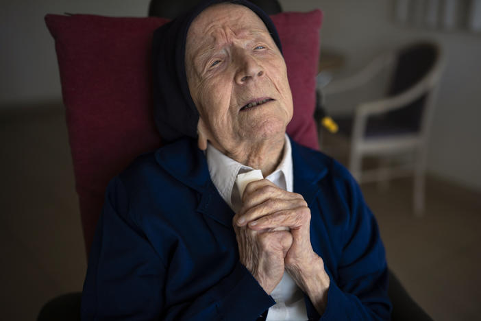 Sister André poses for a portrait at the Sainte Catherine Laboure care home in Toulon, southern France, on April 27, 2022. With her death, the oldest living person is now Maria Branyas Morera of Spain at age 115.