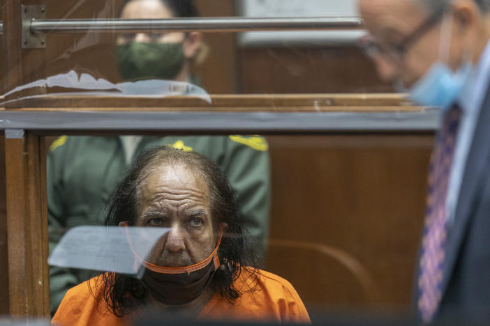 Adult film star Ron Jeremy listens as his attorney Stuart Goldfarb speaks during his arraignment on rape and sexual assault charges at Clara Shortridge Foltz Criminal Justice Center in Los Angeles on June 26, 2020.