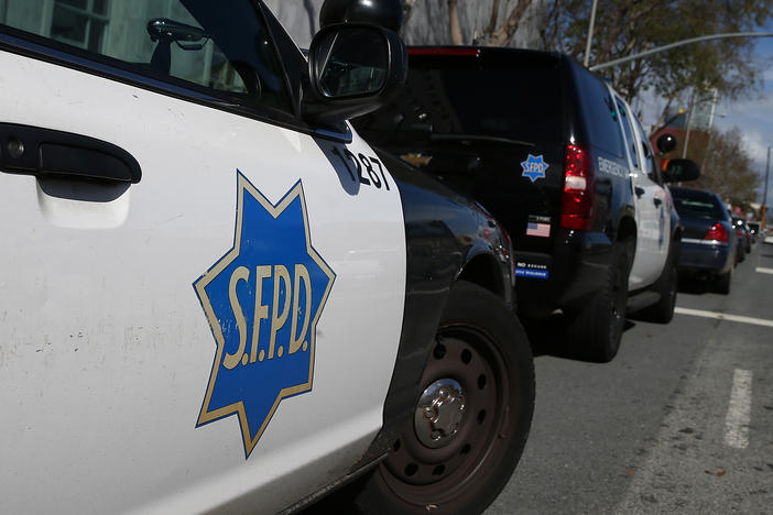 A San Francisco art gallery owner who was seen on video spraying water on a homeless woman with a hose has been arrested, according to authorities. Here, San Francisco police cars sit parked in front of the Hall of Justice on February 27, 2014 in San Francisco, Calif.