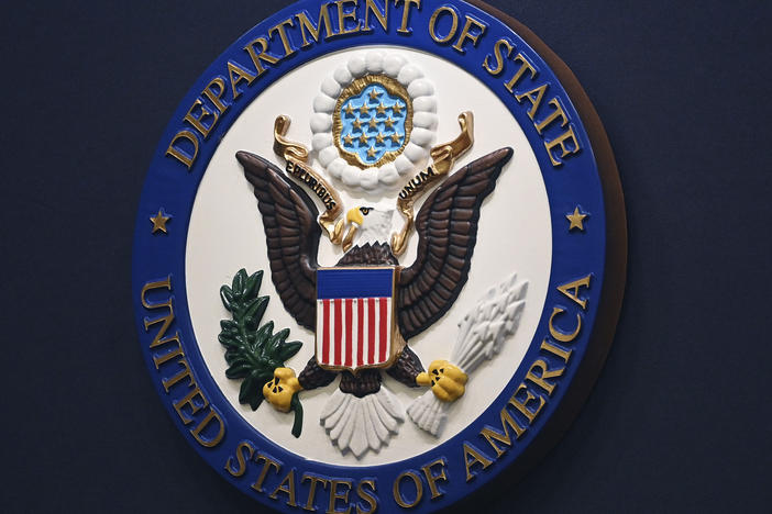 The State Department seal is seen on the briefing room lectern at the State Department in Washington, D.C., on Jan. 31, 2022.