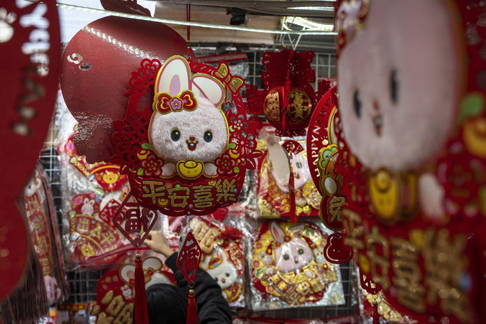 Decorations for Lunar New Year are on display at a shop in Hong Kong. Celebrations start this weekend as millions welcome the year of the rabbit.
