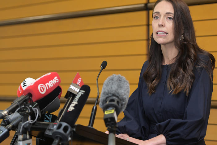 Prime Minister Jacinda Ardern announces her resignation at the War Memorial Centre on January 19, 2023 in Napier, New Zealand.