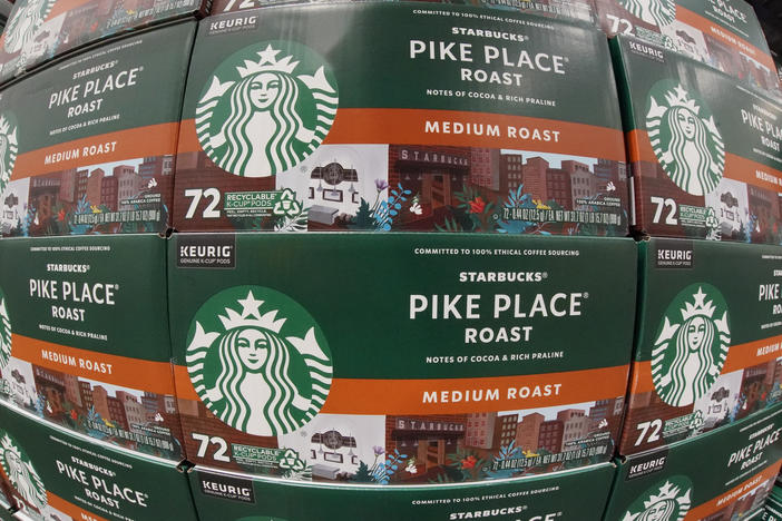 A display of Starbucks coffee pods at a Costco Warehouse in Pennsylvania. A recent article says using coffee pods might be better for the climate, but the science is far from settled. (AP Photo/Gene J. Puskar)