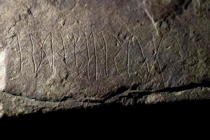 Detailed view shows inscriptions on a sandstone rock, believed to be the world's oldest runestone inscribed almost 2,000 years ago, making it several hundred centuries older than the earliest known ones.
