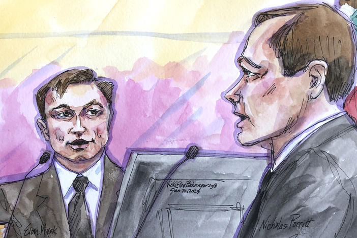 In this courtroom sketch, Elon Musk, left, with shareholder attorney Nicholas Porritt, appears in federal court in San Francisco on Friday.