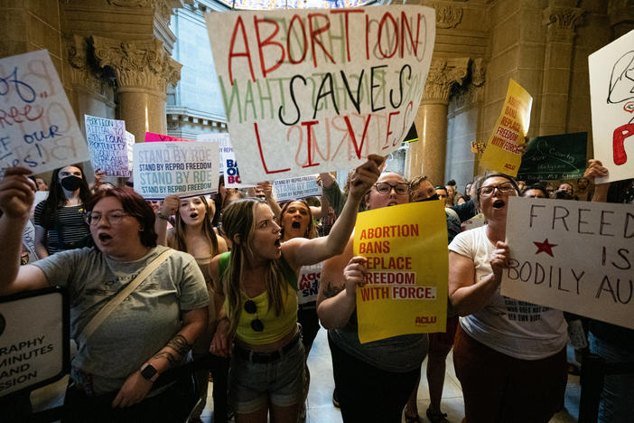 Abortion-rights protesters shout into the Senate chamber in the Indiana Capitol on July 25, 2022, about a month after <em>Roe </em>was overturned, in Indianapolis.