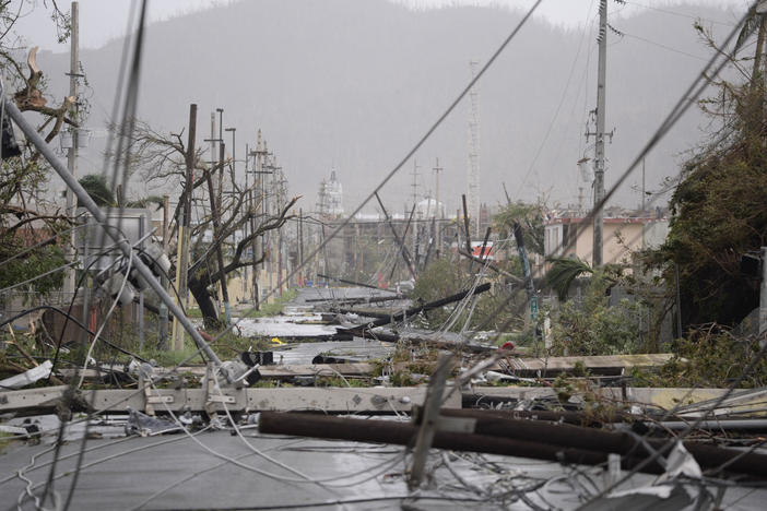 In this Sept. 20, 2017 file photo, electricity poles and lines lie toppled on the road after Hurricane Maria hit the eastern region of the island in Humacao, Puerto Rico.