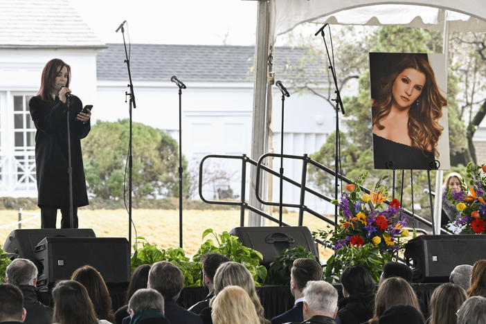 Priscilla Presley reads a poem wrtitten by granddaughter Harper Lockwood during a memorial service for her daughter Lisa Marie Presley at Graceland Sunday, Jan. 22, 2023, in Memphis, Tenn.