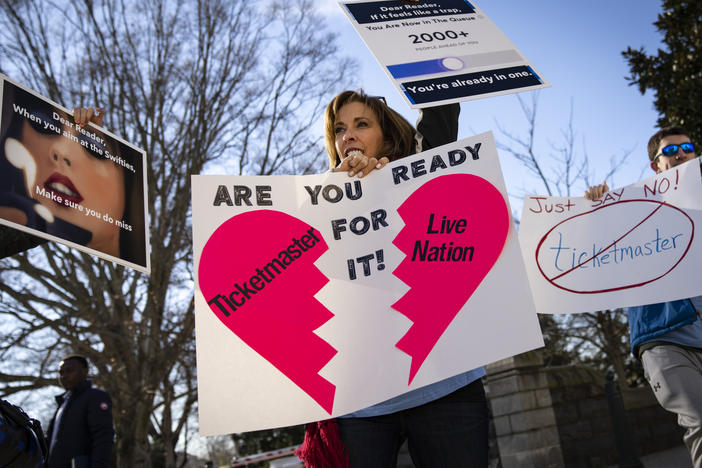 Penny Harrison and her son Parker Harrison rally outside the U.S. Capitol during the Senate Judiciary Committee's Ticketmaster hearing on Tuesday morning.