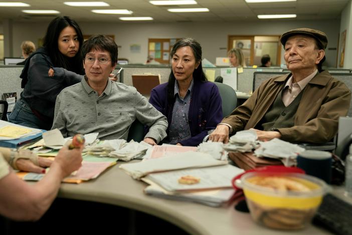 Stephanie Hsu, Ke Huy Quan, Michelle Yeoh and James Hong in <em>Everything Everywhere All at Once</em>, which led the Oscar nominations Tuesday.