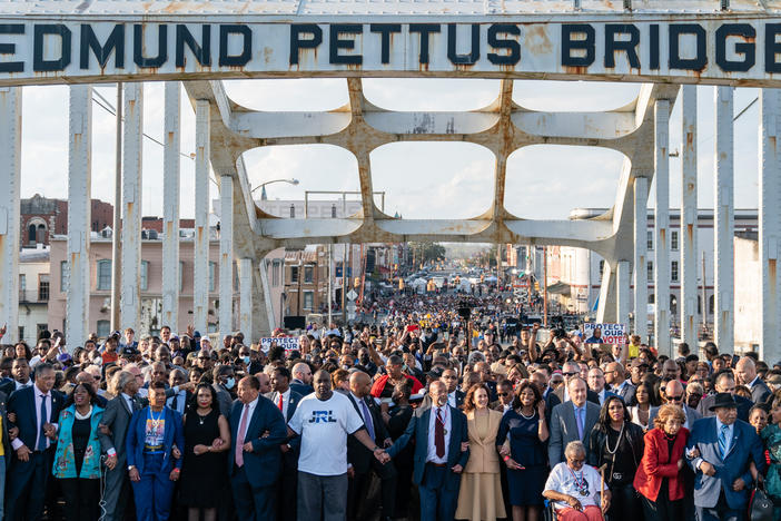 Vice President Harris (center) marches across the Edmund Pettus Bridge on March 6, 2022,  in Selma, Ala., to commemorate the 57th anniversary of Bloody Sunday.
