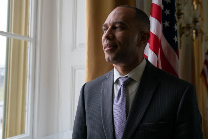 <em>Morning Edition</em> host Steve Inskeep interviews Hakeem Jeffries at the U.S. Capitol on Jan. 25, 2023.
