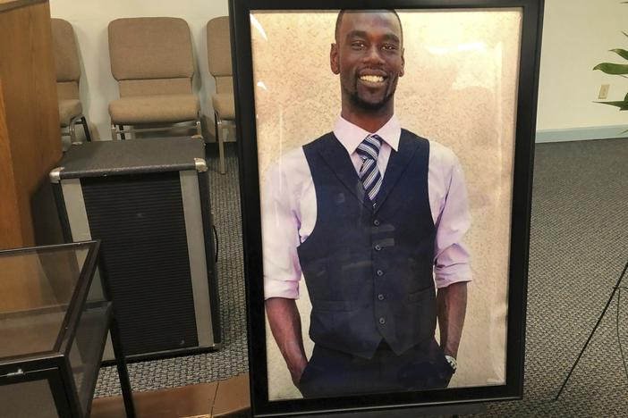 A portrait of Tyre Nichols is displayed at a memorial service for him on Jan. 17 in Memphis, Tenn. Nichols died on Jan. 10, three days after a traffic stop with Memphis Police.