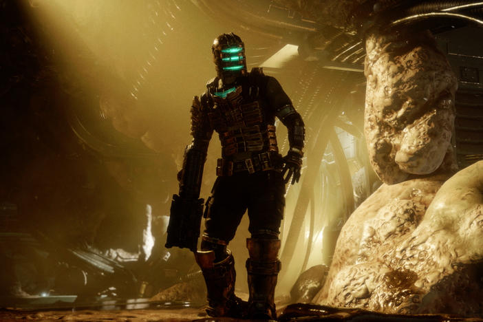 Grim systems engineer, Isaac Clarke, in the ruins of the USG Ishimura.