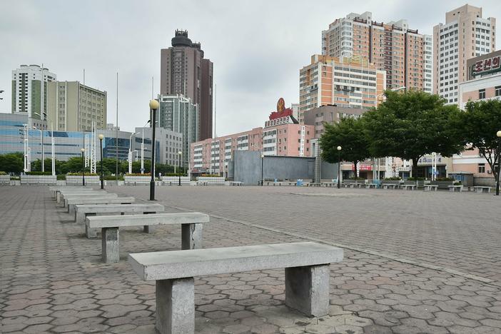An empty park outside a railway station due to a lockdown in Pyongyang.