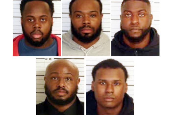 This combo of booking images provided by the Shelby County Sheriff's Office shows, from top row from left, Tadarrius Bean, Demetrius Haley, Emmitt Martin III, bottom row from left, Desmond Mills, Jr. and Justin Smith. The five former Memphis police officers have been charged with second-degree murder and other crimes in the arrest and death of Tyre Nichols.
