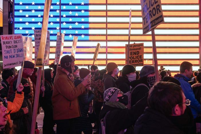 People rally Friday in Times Square in New York City to protest the fatal police assault of Tyre Nichols earlier this month in Memphis, Tenn.