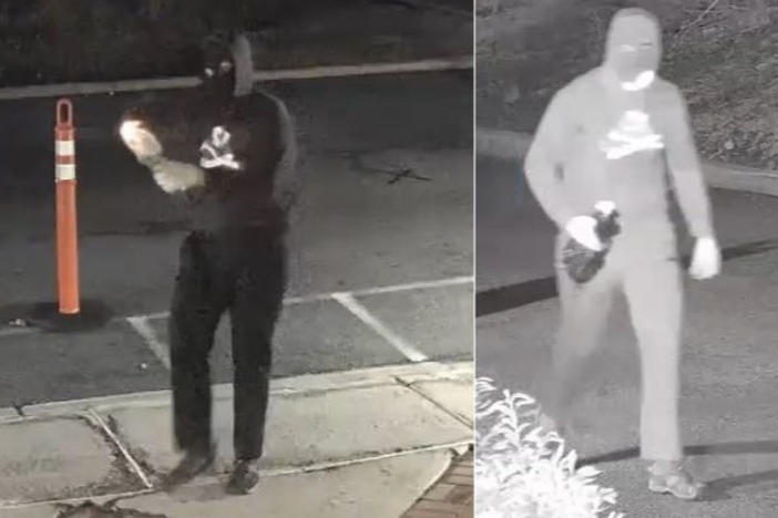 Police in Bloomfield, N.J. are looking for the suspect who hurled a Molotov cocktail at the entrance of a synagogue early Sunday morning. Surveillance video shows him wearing a ski mask and skull and crossbones top.