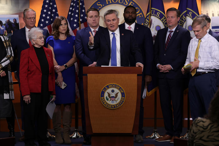 Kentucky GOP Rep. James Comer and other House Republicans speak at the U.S. Capitol in November. This week, Republicans are holding their first hearings as part of investigations into the Biden administration.
