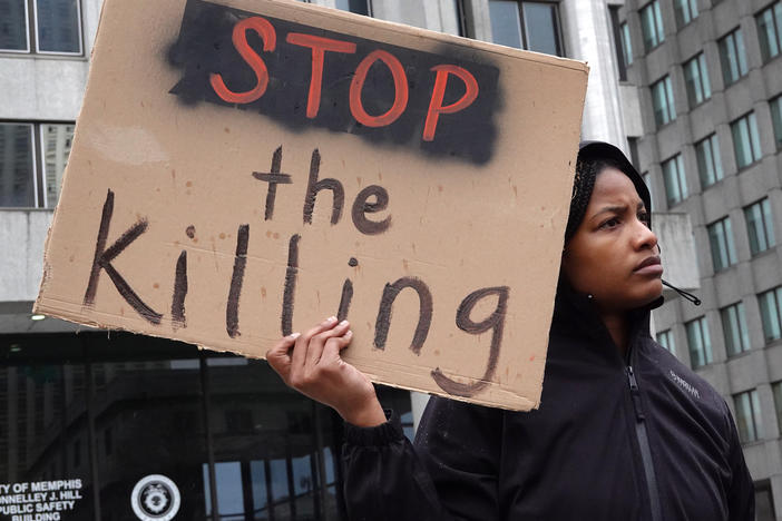 Demonstrators protesting the death of Tyre Nichols gather and march through downtown Memphis, Tenn., on Jan. 28.