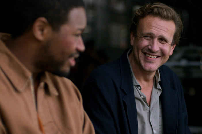 Luke Tennie and Jason Segel star in Apple TV's <em>Shrinking</em>.