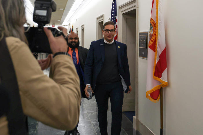 Rep. George Santos, R-N.Y., leaves a House GOP conference meeting in Washington, D.C., on Jan. 25, 2023.