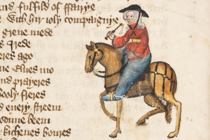 The Wife of Bath from <a href="https://hdl.huntington.org/digital/collection/p15150coll7/id/2838/">The Ellesmere Manuscript</a>, one of the earliest manuscripts of Geoffrey Chaucer's <em>The Canterbury Tales.</em>