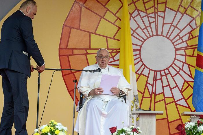 Pope Francis delivers a speech in the garden of the Palace of the Nation during the meeting of the authorities, the civil society and the diplomatic corps in Kinshasa.