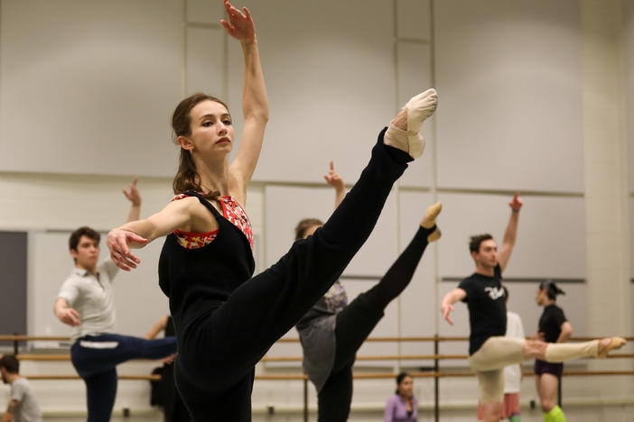 Iryna Zhalovska and other dancers with The United Ukrainian Ballet train at The Kennedy Center. The company is performing <em>Giselle</em> there this week.