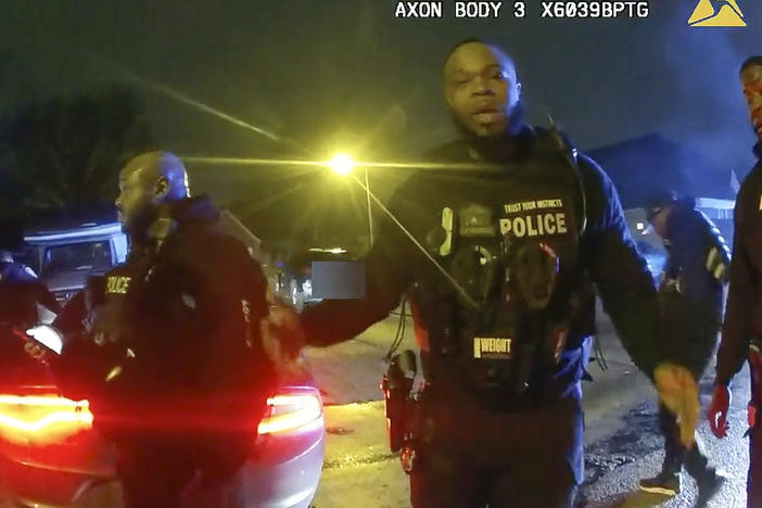 The image from video released on Jan. 27, 2023, by the City of Memphis, shows police officers talking after a brutal attack on Tyre Nichols by five Memphis police officers on Jan. 7, 2023, in Memphis, Tenn. Nichols died on Jan. 10. The five officers have since been fired and charged with second-degree murder and other offenses.